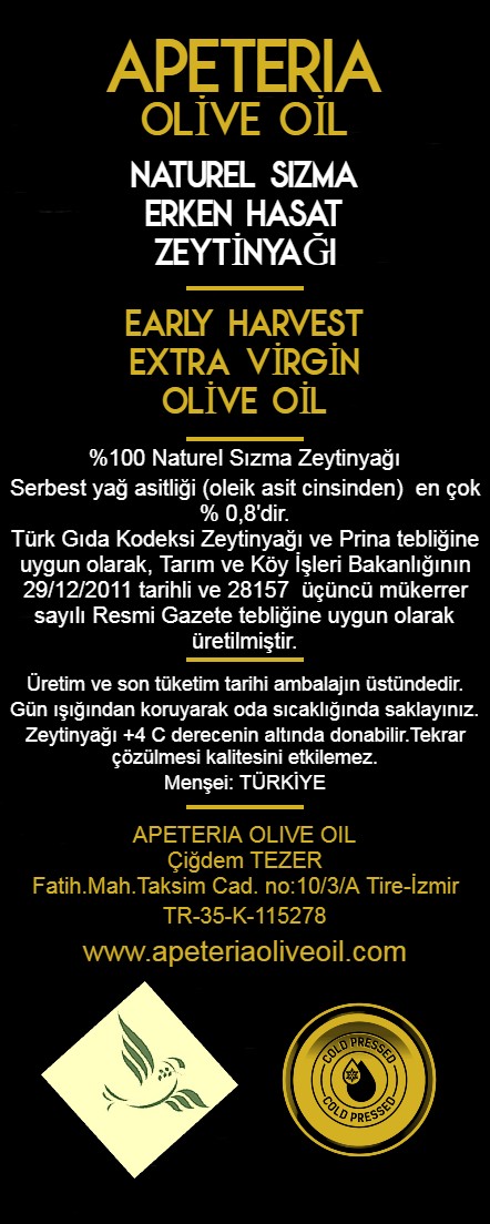 Apeteria 2025-2026 İlk Sıkım Sağlık Amaçlı içmelik 400+ Polifenole Sahip Naturel Sızma Zeytinyağı 500 ml - Görsel 3
