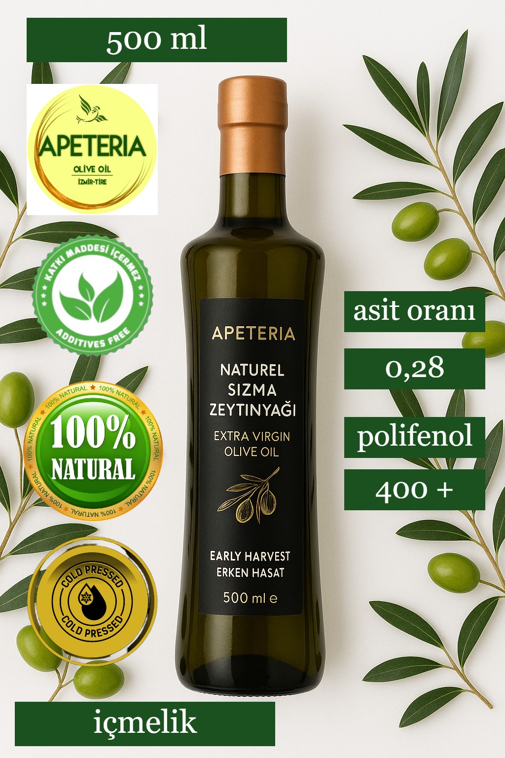 Apeteria 2025-2026 İlk Sıkım Sağlık Amaçlı içmelik 400+ Polifenole Sahip Naturel Sızma Zeytinyağı 500 ml - Görsel 4
